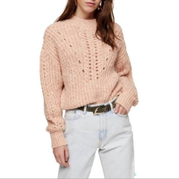 TOPSHOP Textured Pointelle Crew Neck Sweater Pink - NWT - Picture 1 of 4